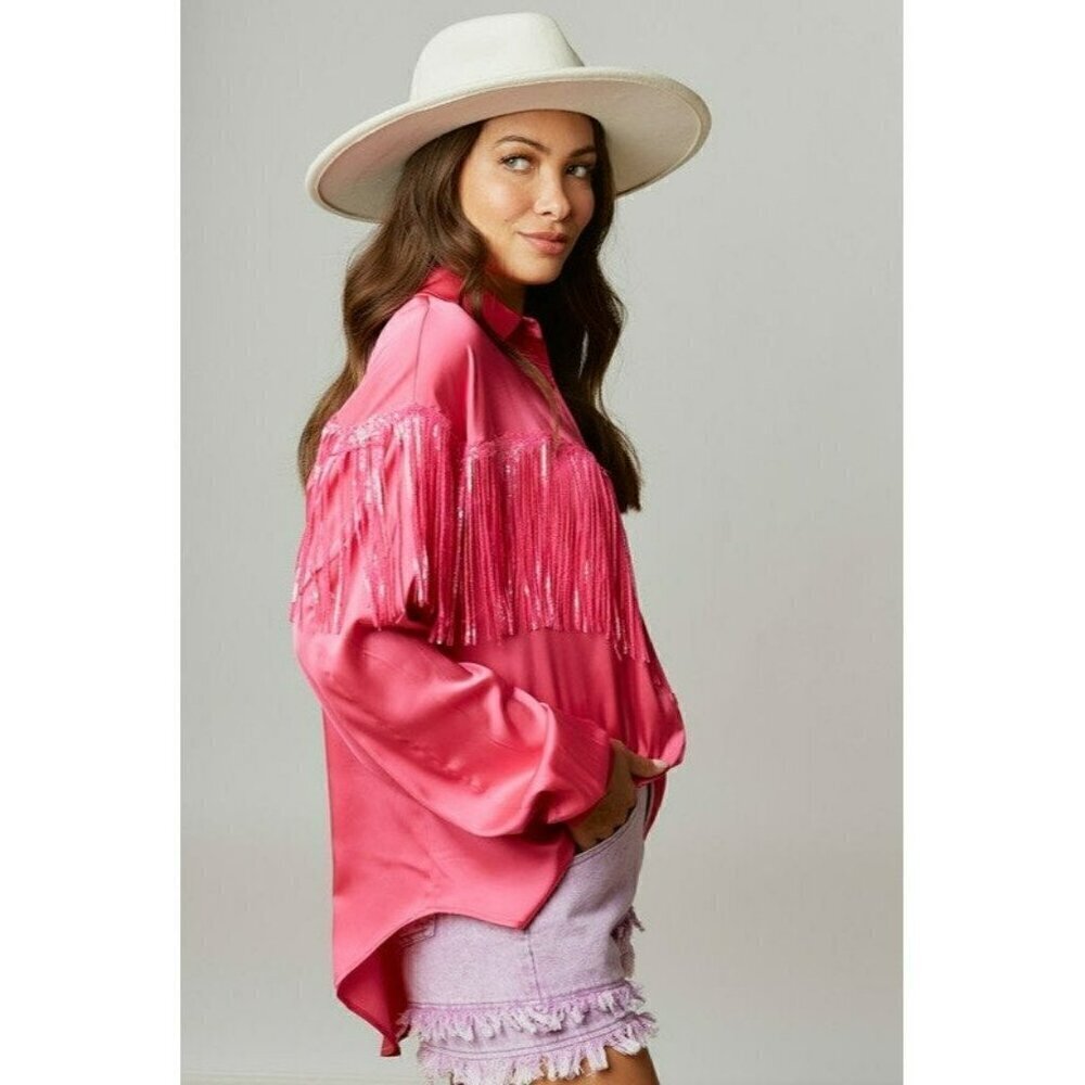 Flirty And Fringe Satin Shirt in Hot Pink - Picture 4 of 7